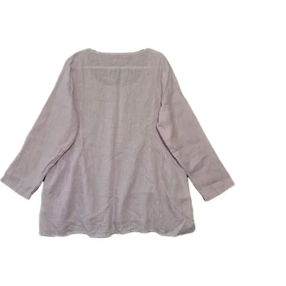 Flax Women's Lilac Linen Lagenlook Long Sleeve Pocket Tunic Top Medium